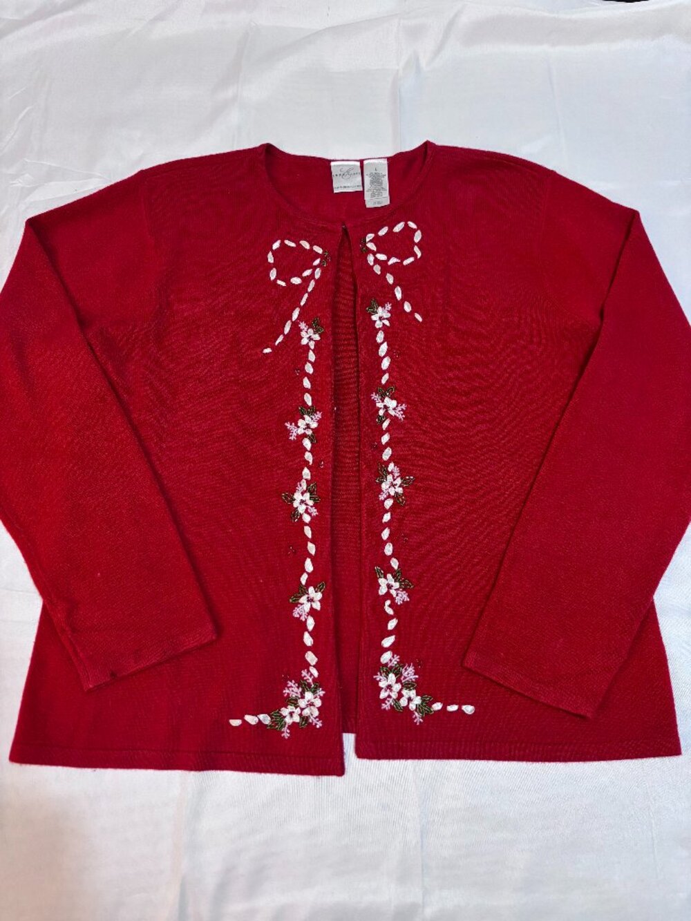 Vintage 90s Emma James Liz Claiborne Red Beaded Embroidered Christmas Cardigan